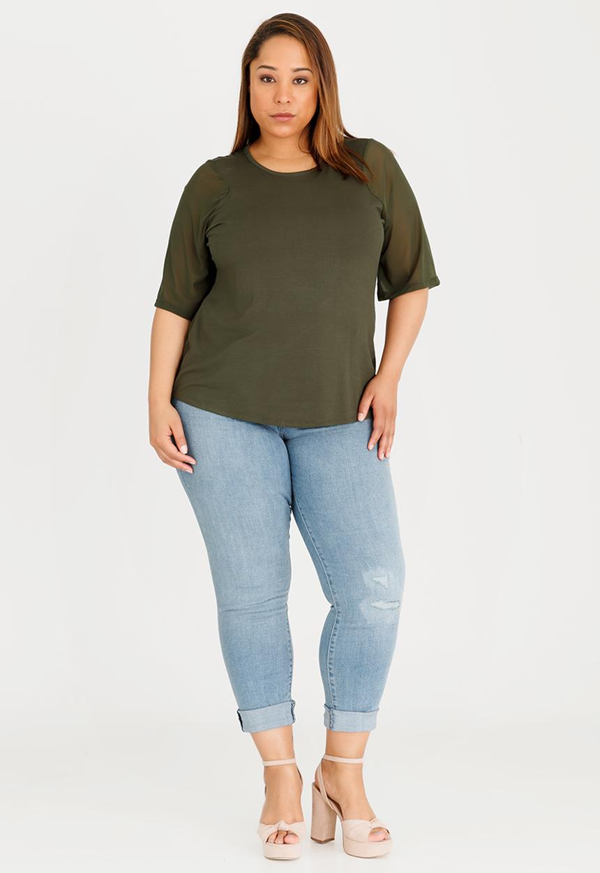 STYLE REPUBLIC PLUS - Mesh Sleeve Tee Khaki Green