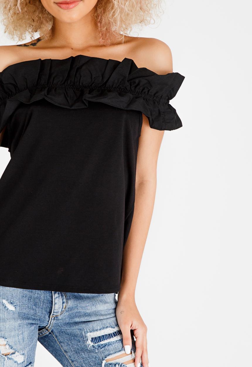 STYLE REPUBLIC - Bardot Frill T-shirt Black