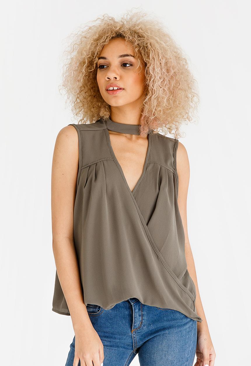 STYLE REPUBLIC - Choker Neckline Blouse Dark Green