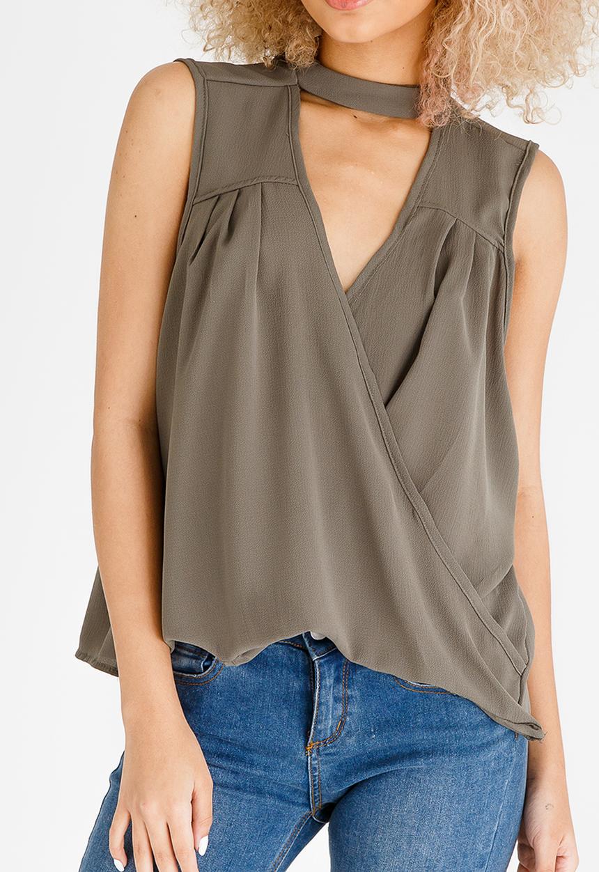 STYLE REPUBLIC - Choker Neckline Blouse Dark Green
