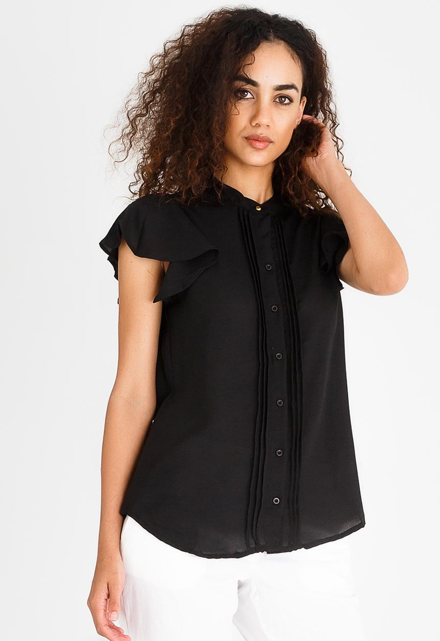 edit - Button Front Blouse with Frills Black
