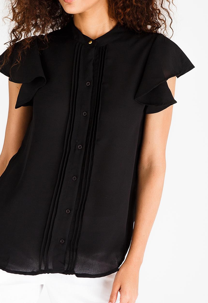 edit - Button Front Blouse with Frills Black