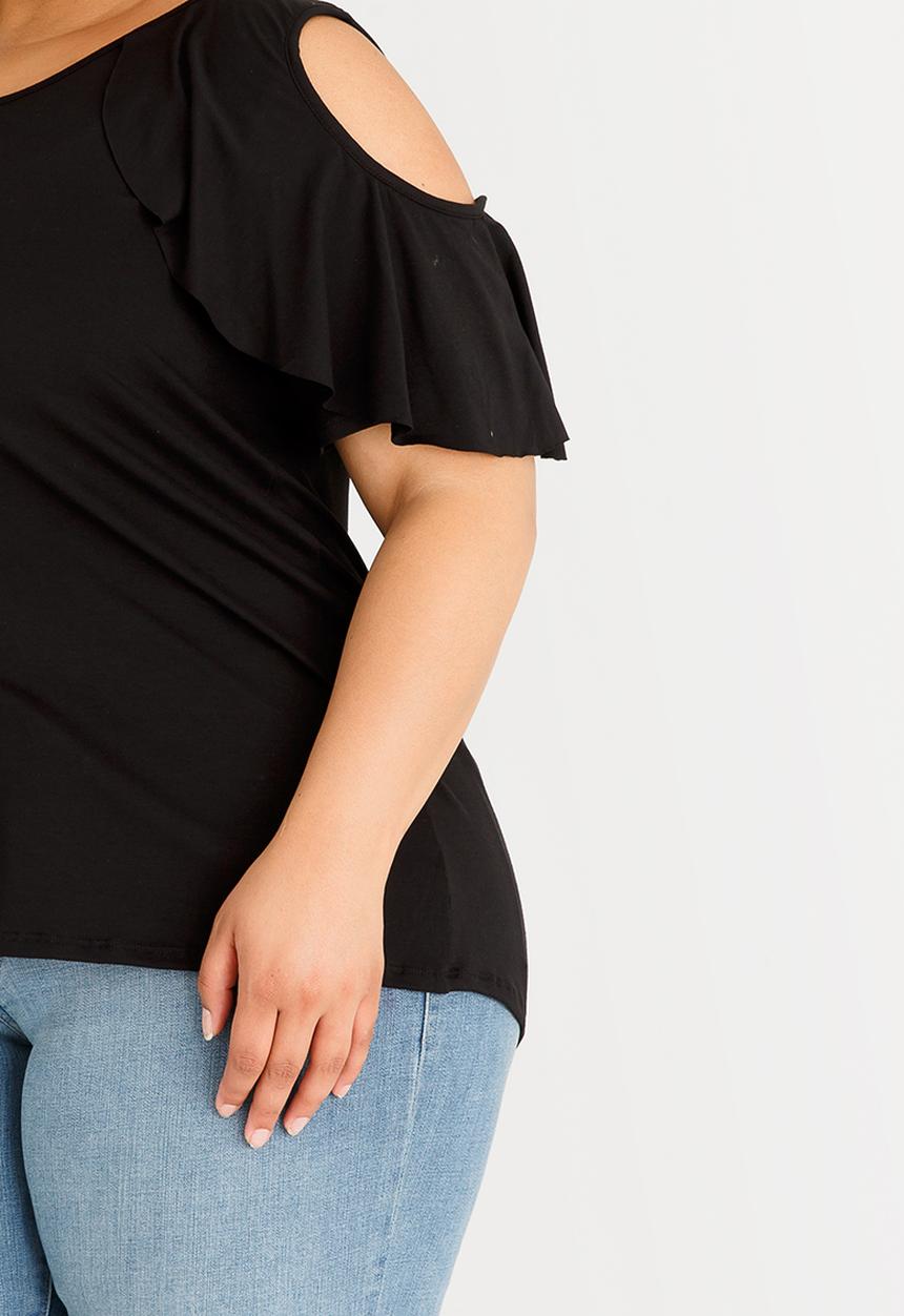 STYLE REPUBLIC PLUS - Cold Shoulder Frill T-shirt Black