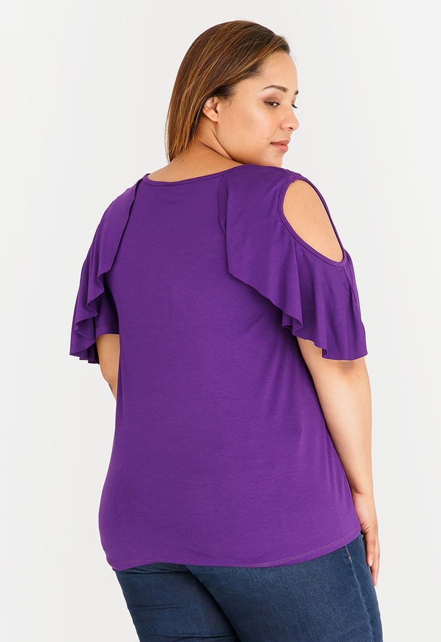 STYLE REPUBLIC PLUS - Cold Shoulder Frill T-shirt Mid Purple