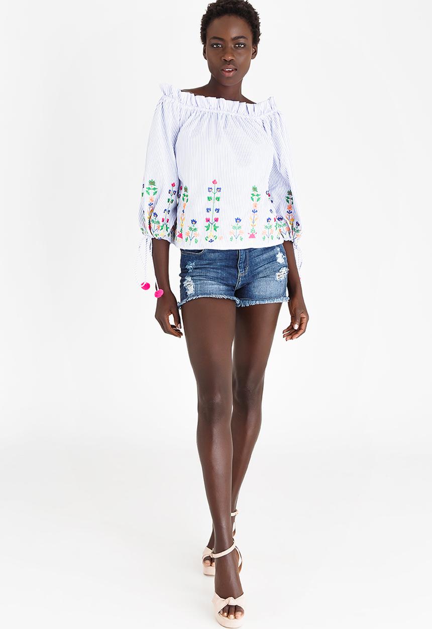 c(inch) - Embroidered Bardot Blouse Pale Blue
