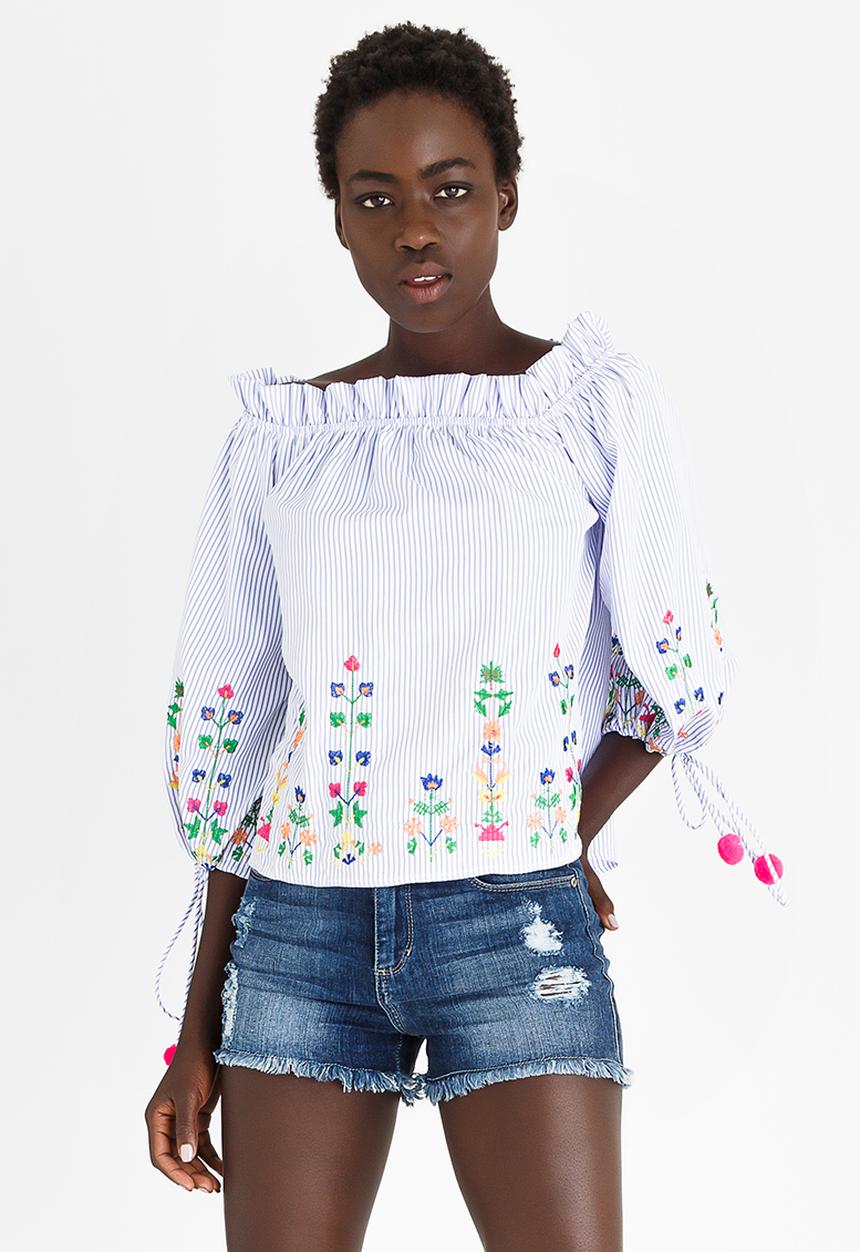 c(inch) - Embroidered Bardot Blouse Pale Blue