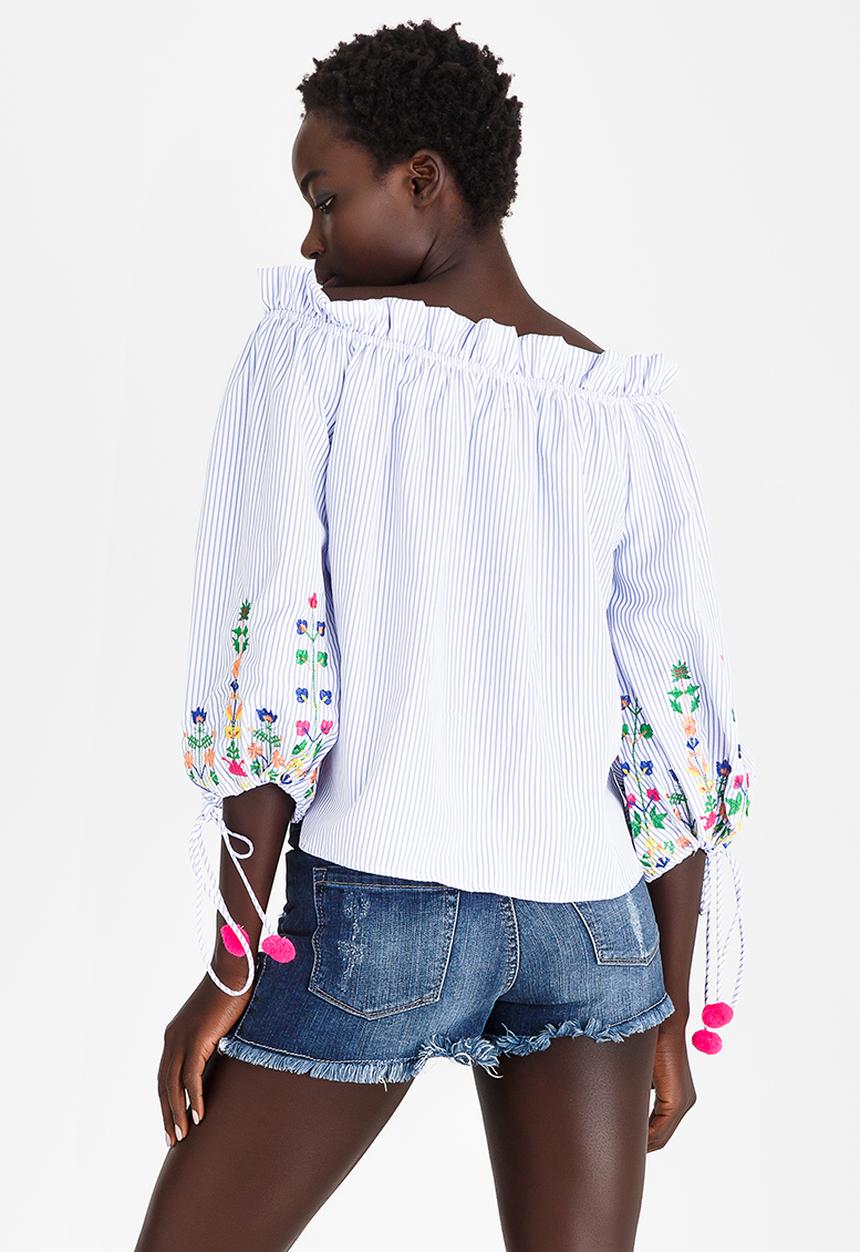 c(inch) - Embroidered Bardot Blouse Pale Blue