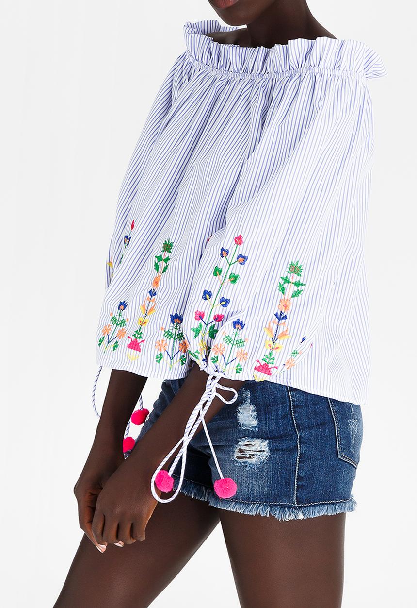 c(inch) - Embroidered Bardot Blouse Pale Blue