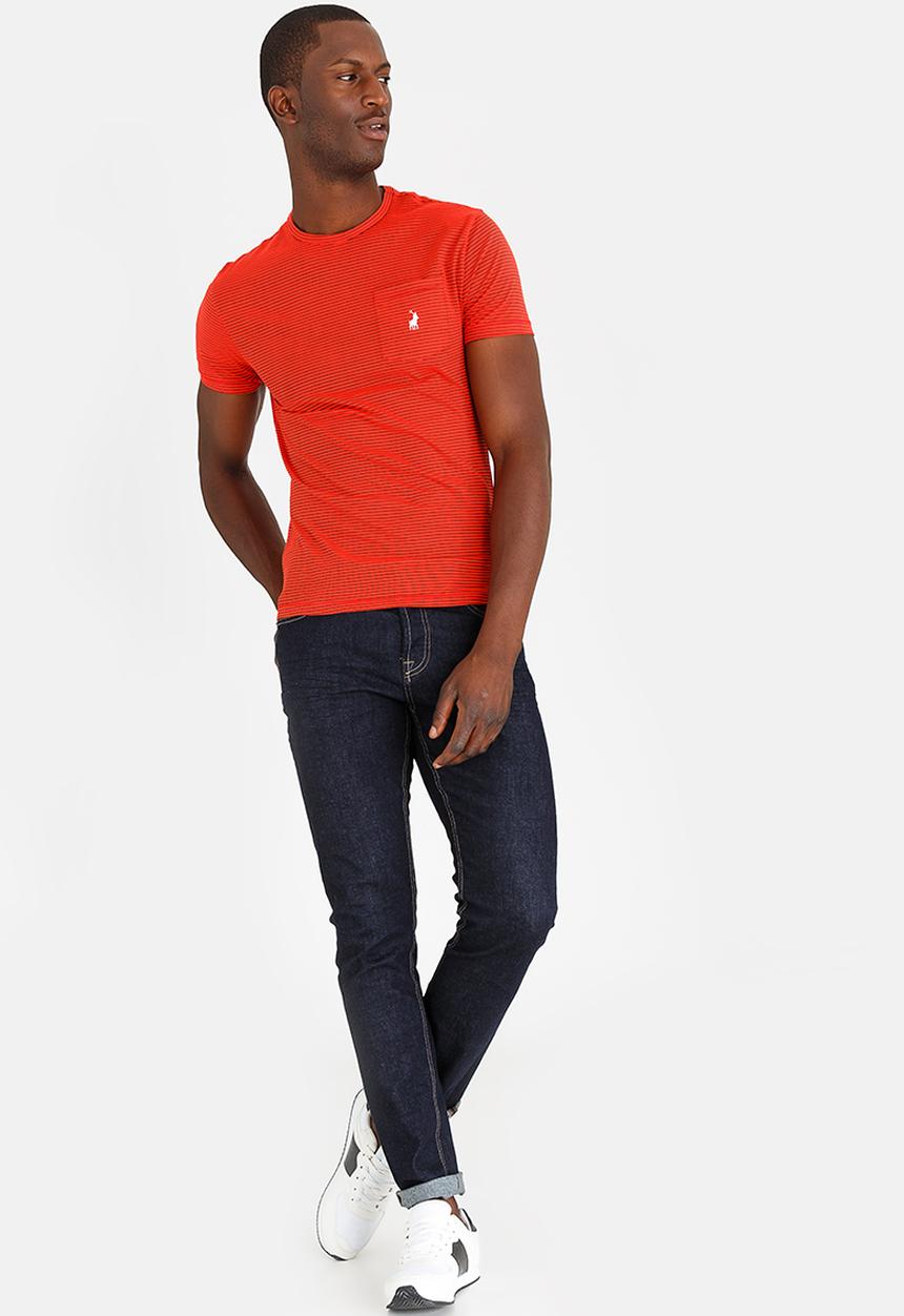 POLO - Fine Stripe Crew Neck T- Shirt Red