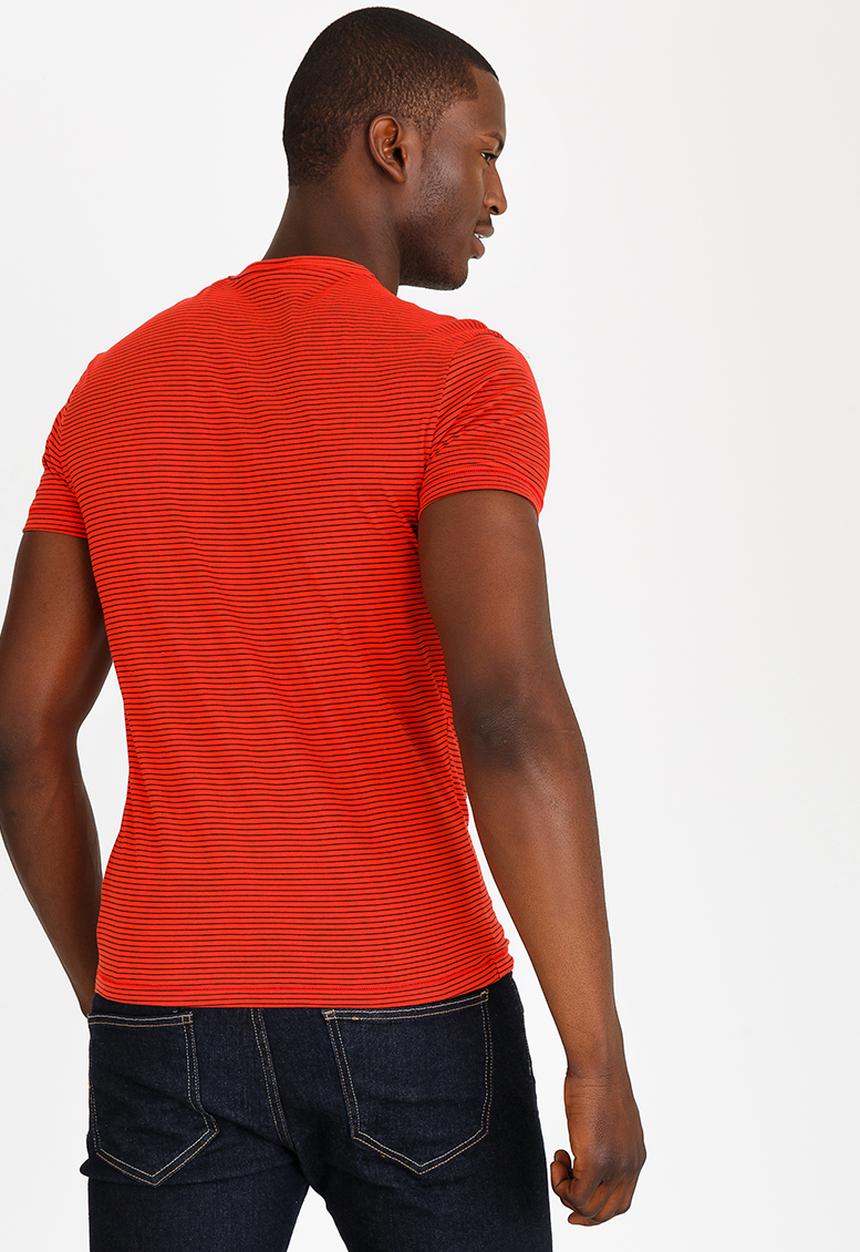 POLO - Fine Stripe Crew Neck T- Shirt Red