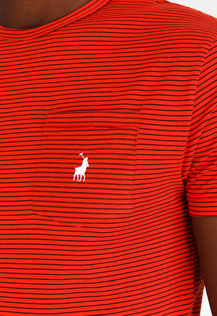 POLO - Fine Stripe Crew Neck T- Shirt Red