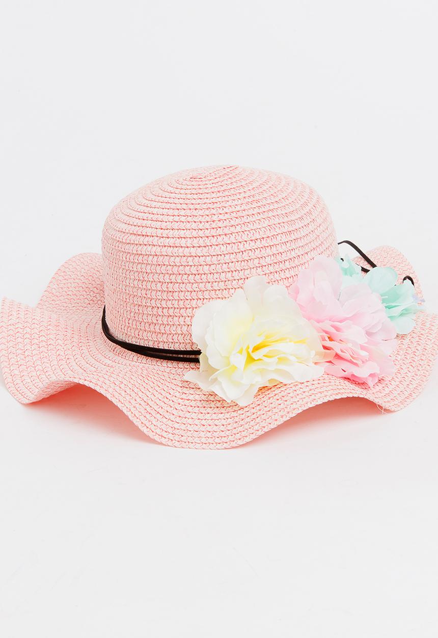 Pop Candy - Girls Flower Trim Straw Hat Mid Pink