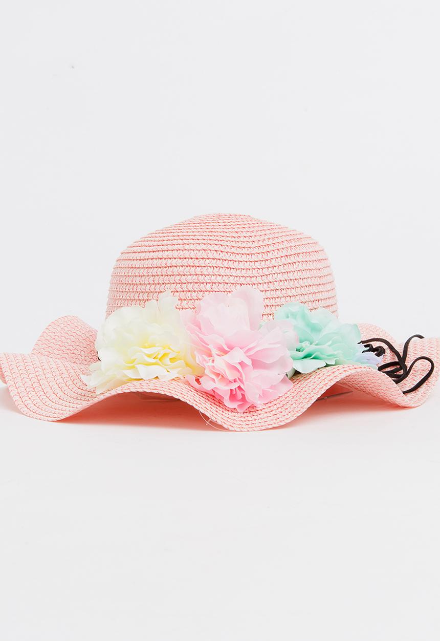 Pop Candy - Girls Flower Trim Straw Hat Mid Pink