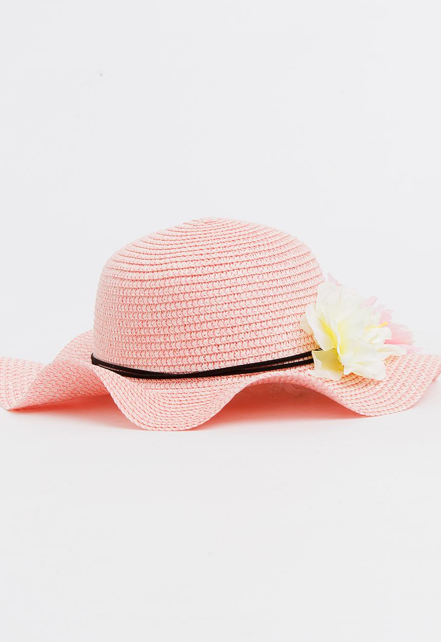 Pop Candy - Girls Flower Trim Straw Hat Mid Pink