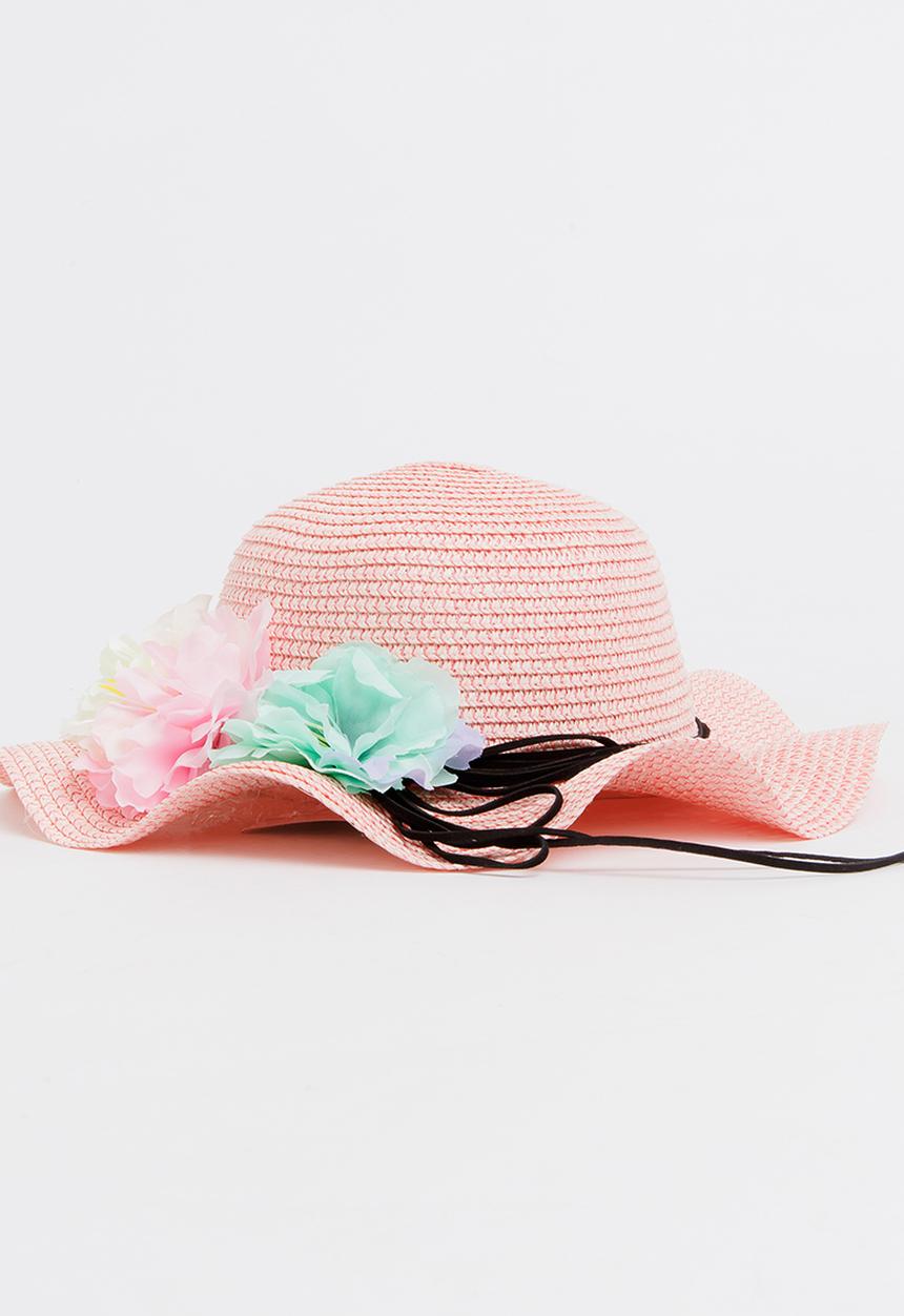 Pop Candy - Girls Flower Trim Straw Hat Mid Pink