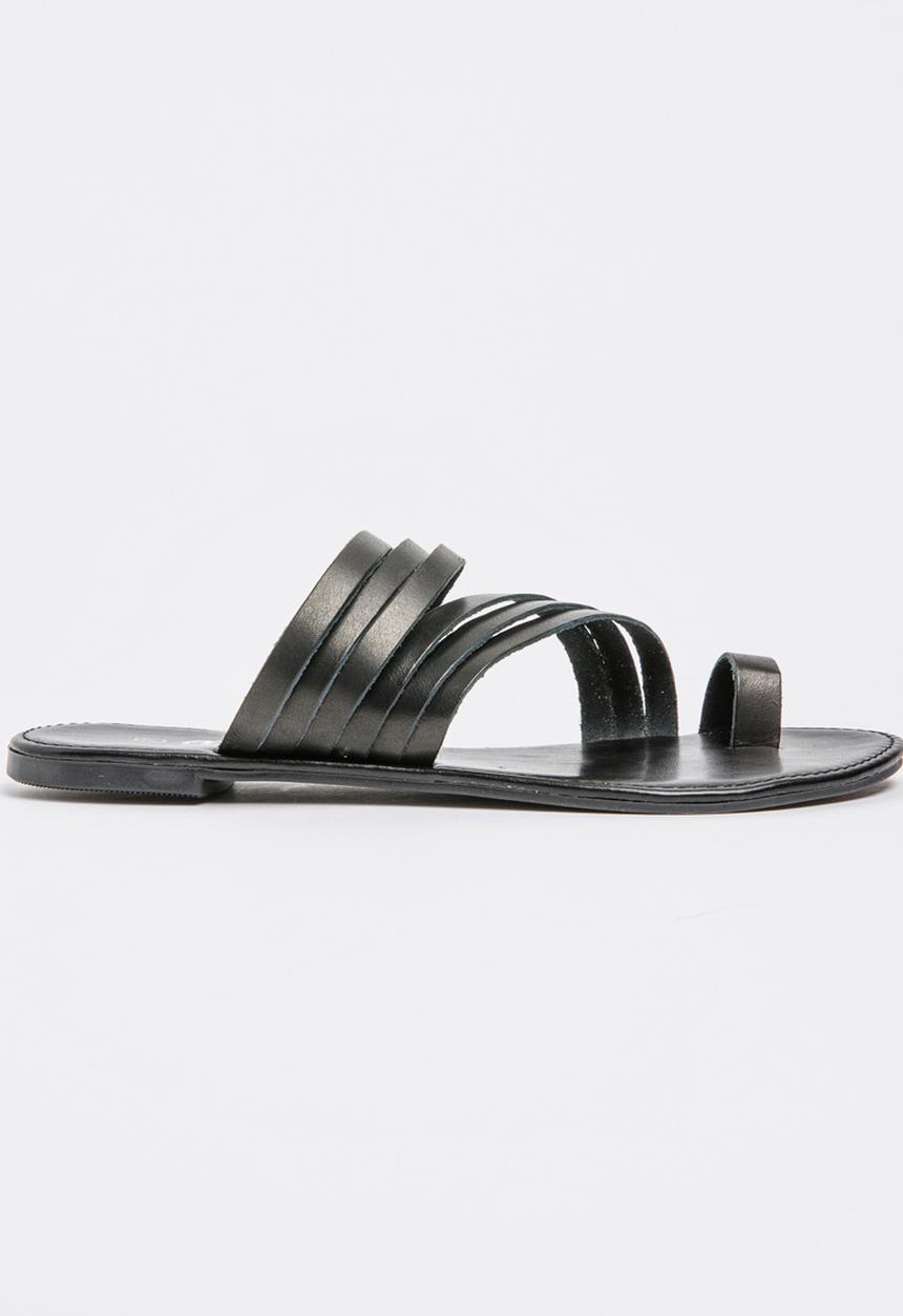 edit - Leather Strippy Toe-post Sandals Black