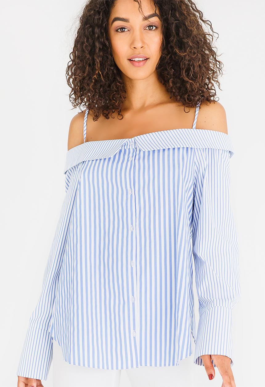 STYLE REPUBLIC - Off the Shoulder Shirt Blue and White