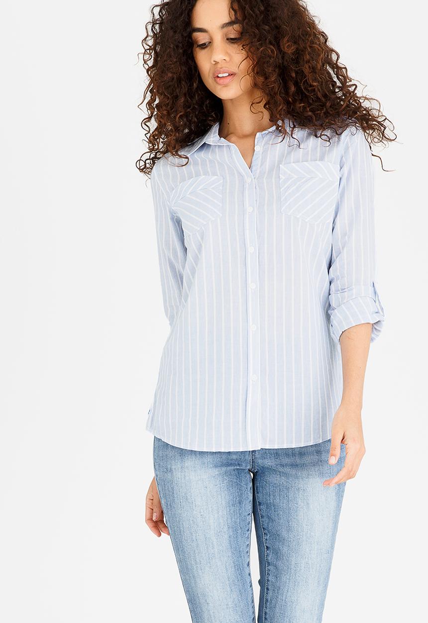 JEEP - Cambric Shirt with Roll-up Sleeve Detail Blue and White