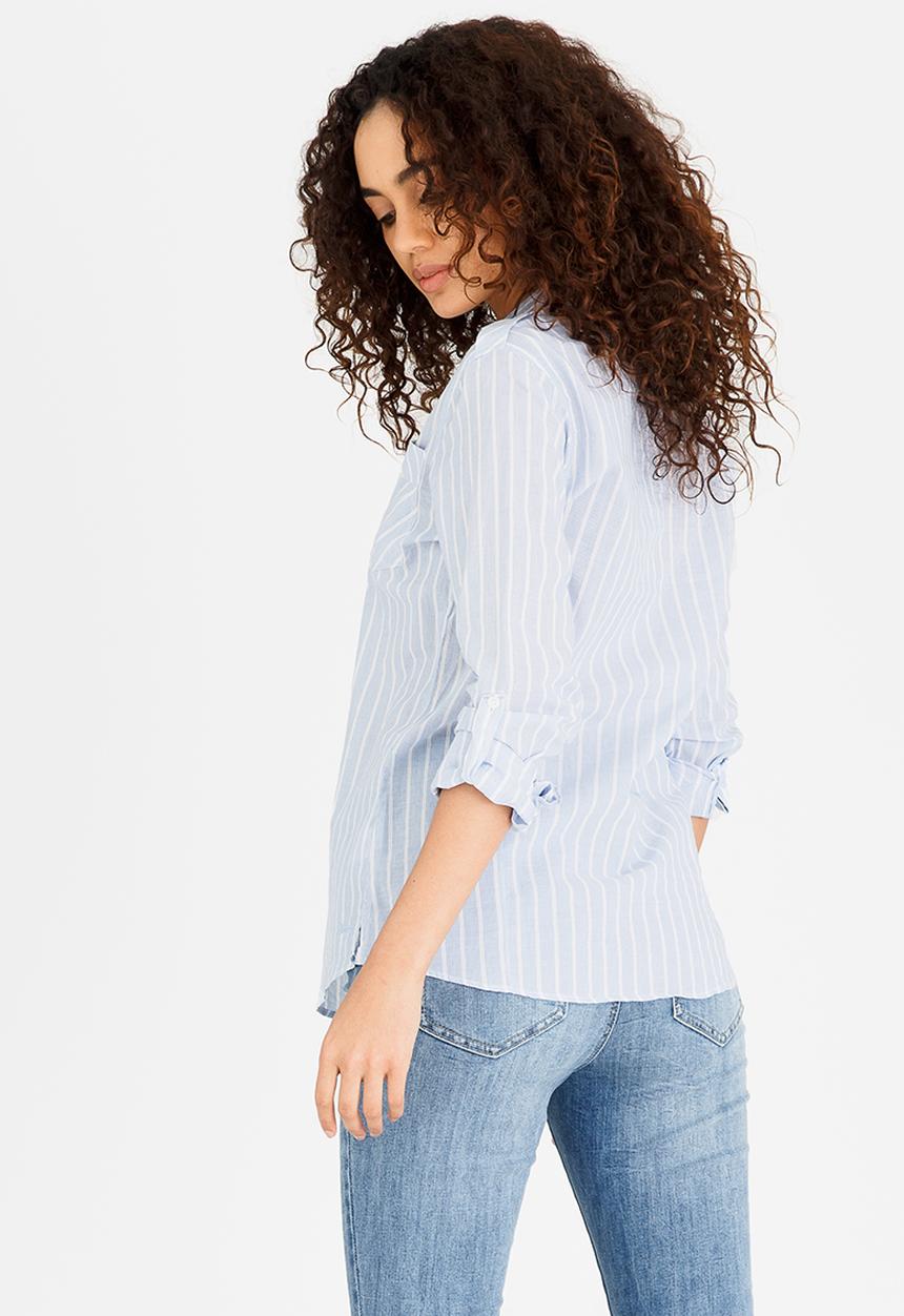 JEEP - Cambric Shirt with Roll-up Sleeve Detail Blue and White