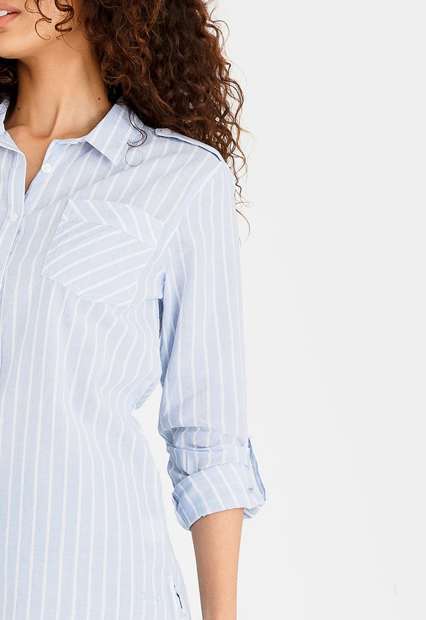JEEP - Cambric Shirt with Roll-up Sleeve Detail Blue and White