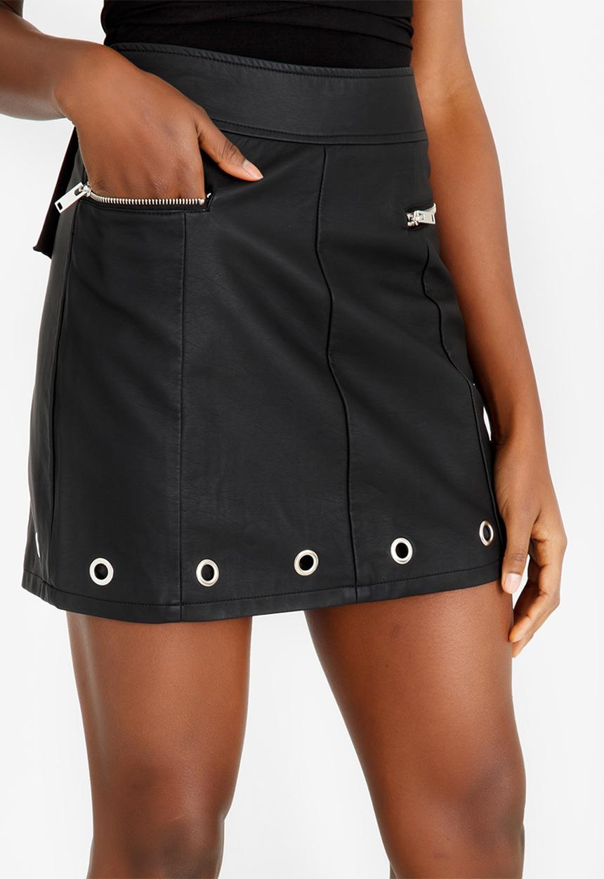 Brave Soul - Leather-look Eyelet Trim Skirt Black