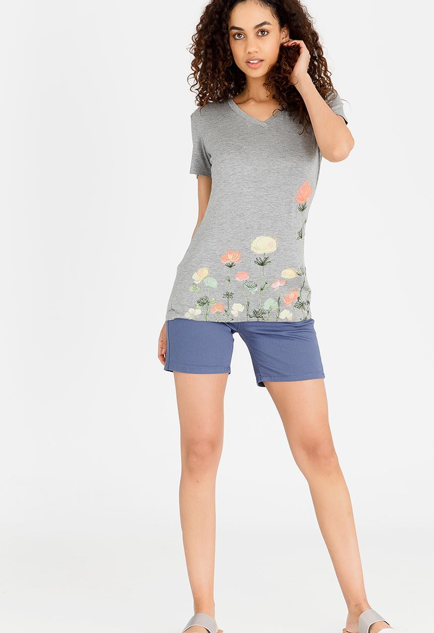 JEEP - Short Sleeve Print & Embroidery V-Neck Tee Grey