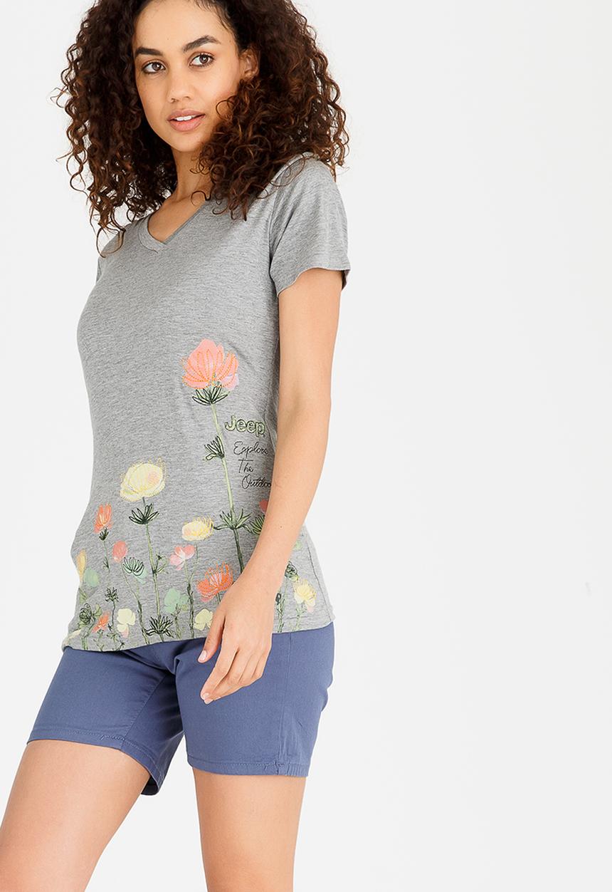 JEEP - Short Sleeve Print & Embroidery V-Neck Tee Grey