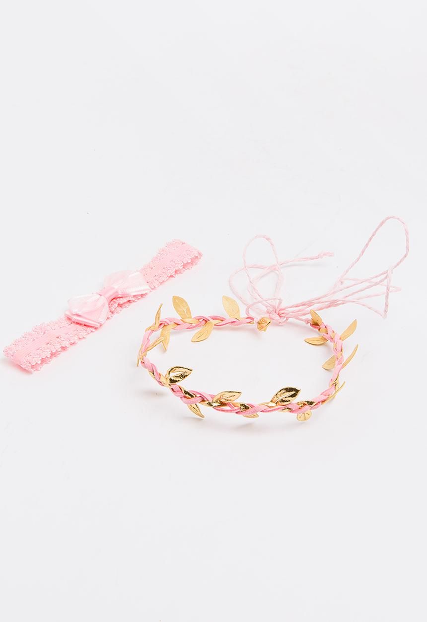 Jewels and Lace - Plaited Leaf and Bow Headband 2 Pack Mid Pink
