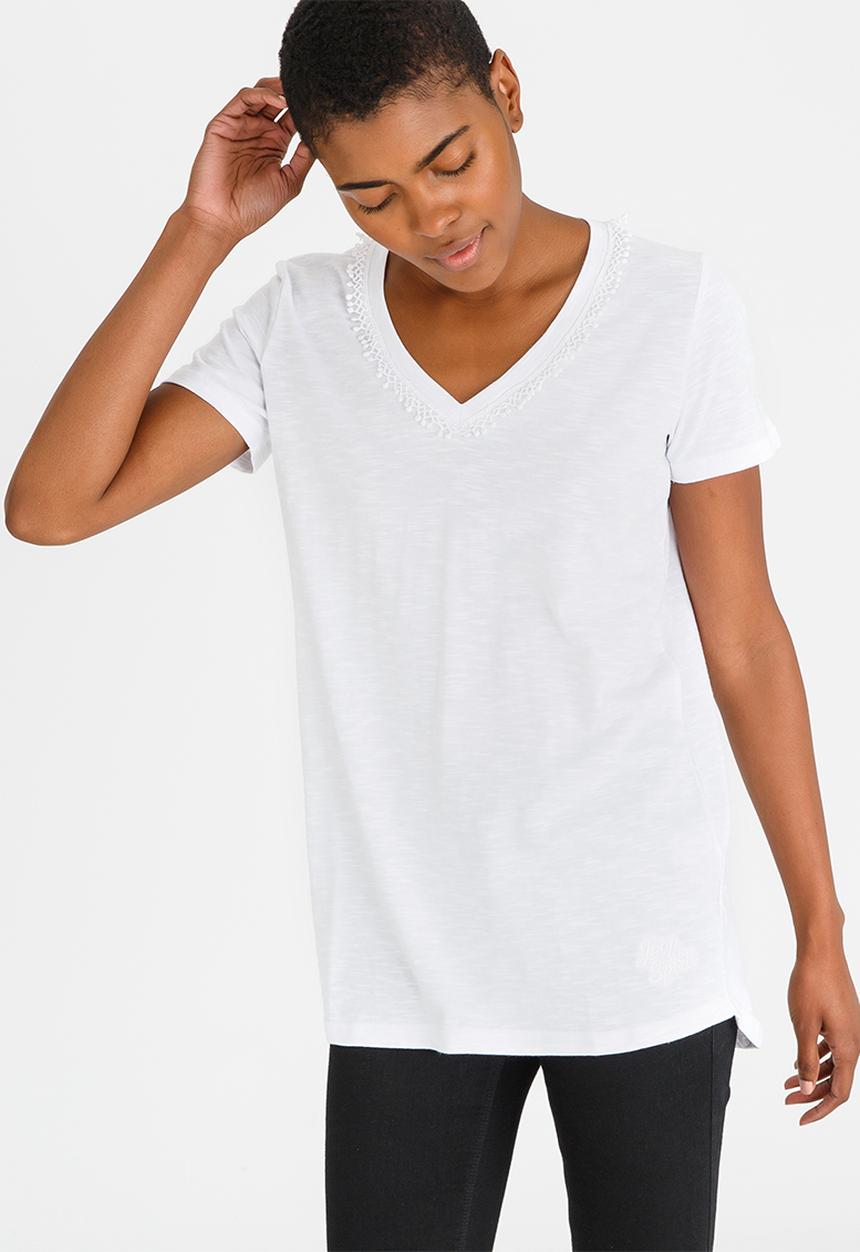 JEEP - Lace Trim V-neck Tee White