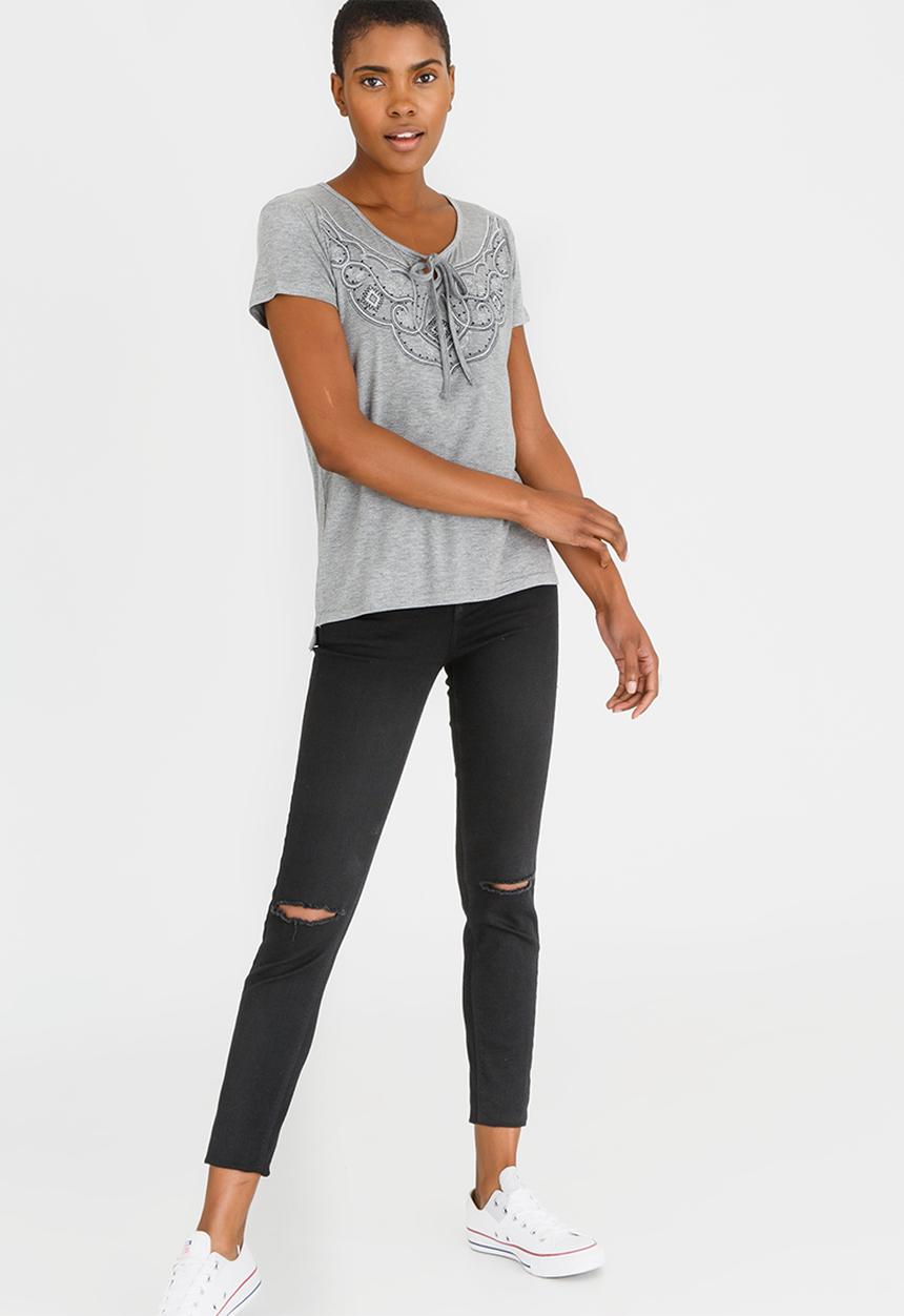 JEEP - V-neck Top with Embroidery Grey Melange