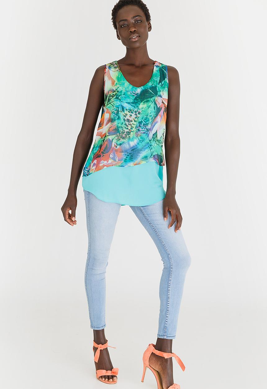 edit - Floral Double Layer Sleeveless Blouse Green