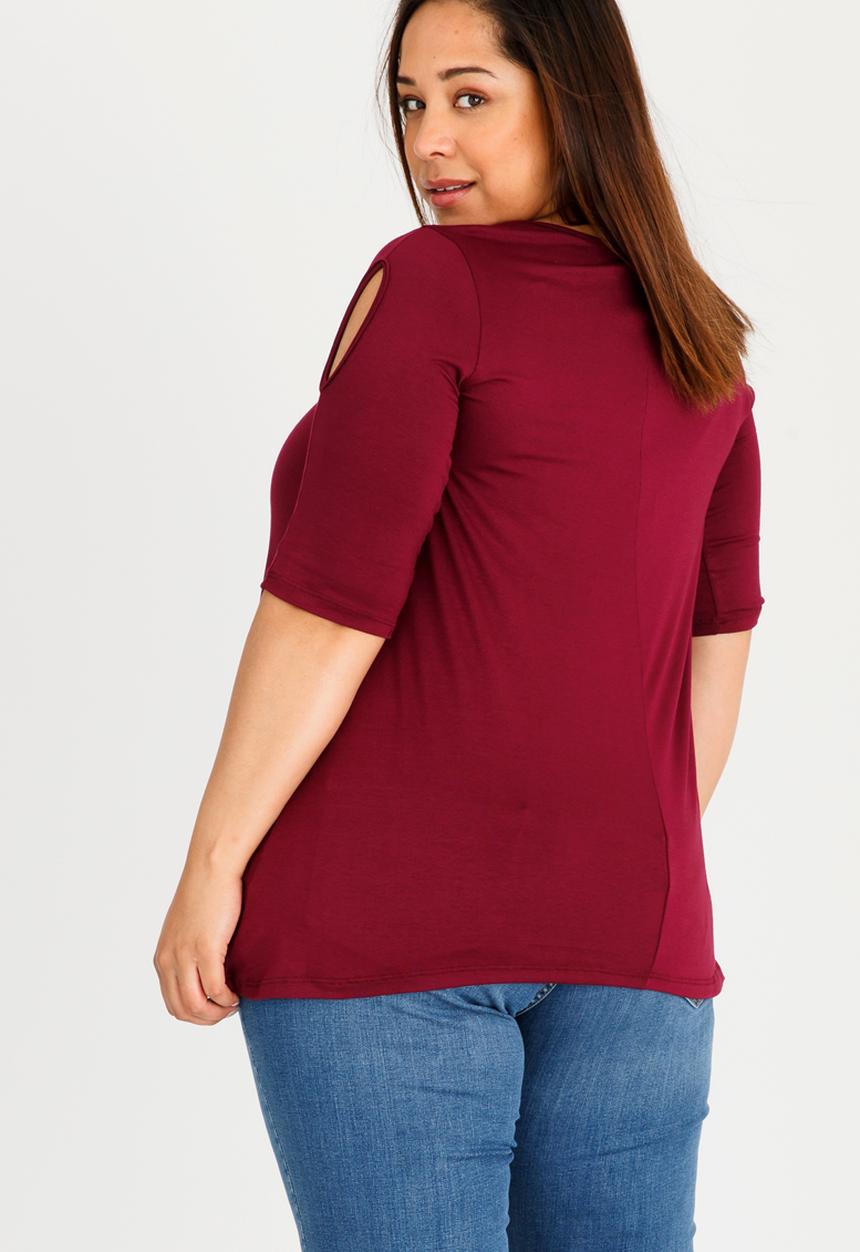 edit Plus - Cold Shoulder T-shirt with 3/4 Sleeves Dark Red