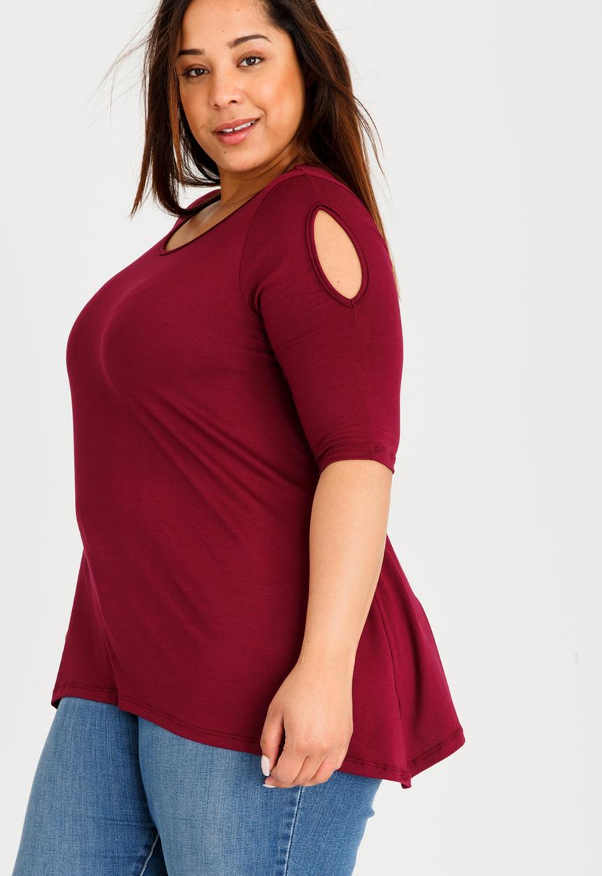 edit Plus - Cold Shoulder T-shirt with 3/4 Sleeves Dark Red