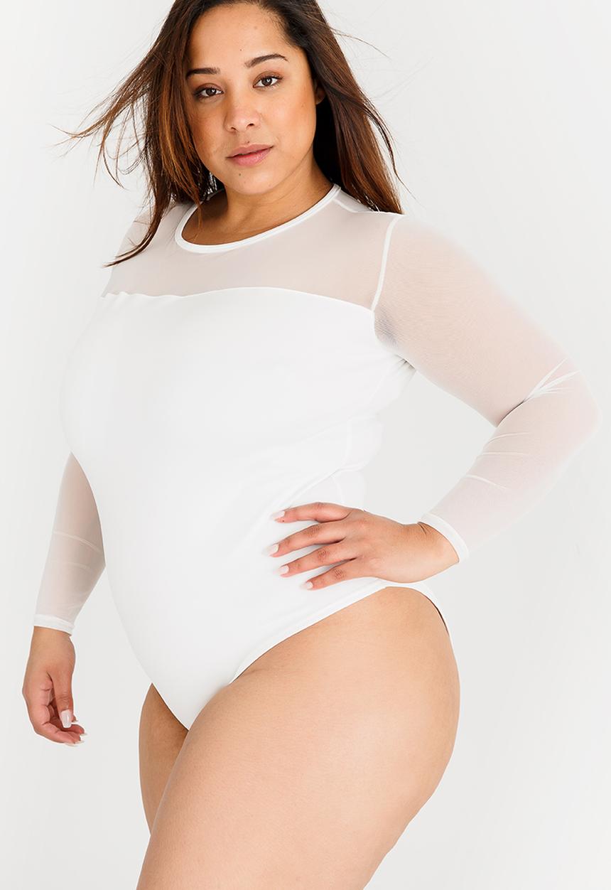 STYLE REPUBLIC PLUS - Scuba Bodysuit with Mesh sleeve White