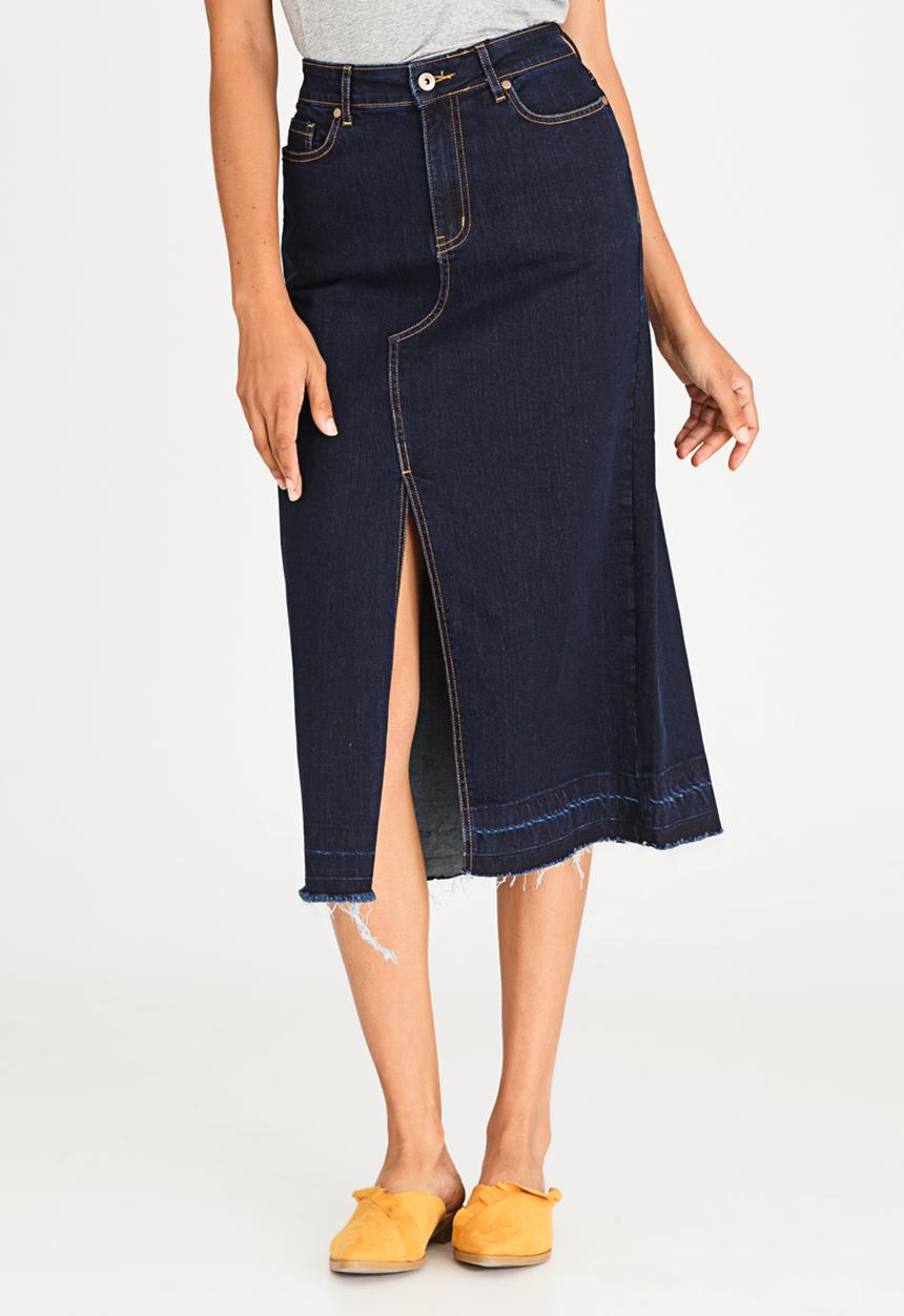 STYLE REPUBLIC - Maxi Denim Skirt with Front Slit Dark Blue