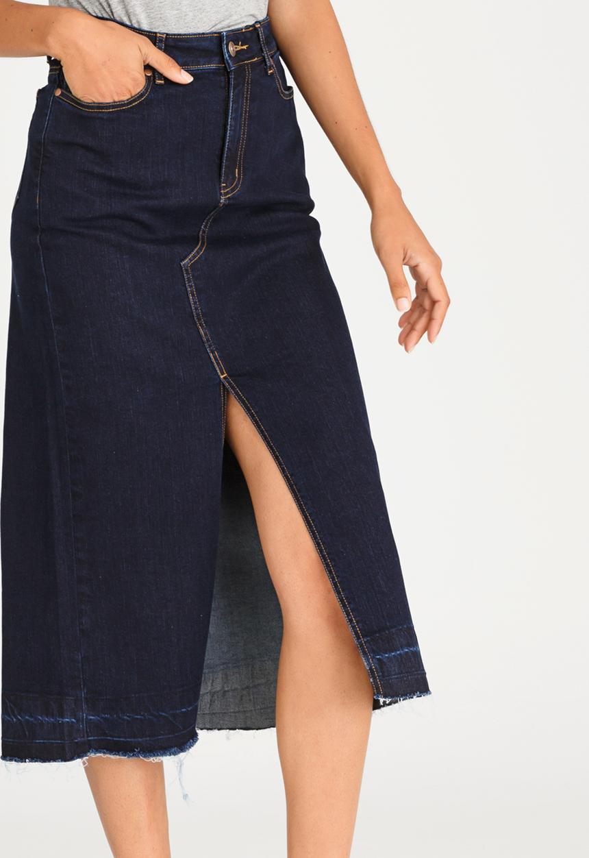 STYLE REPUBLIC - Maxi Denim Skirt with Front Slit Dark Blue