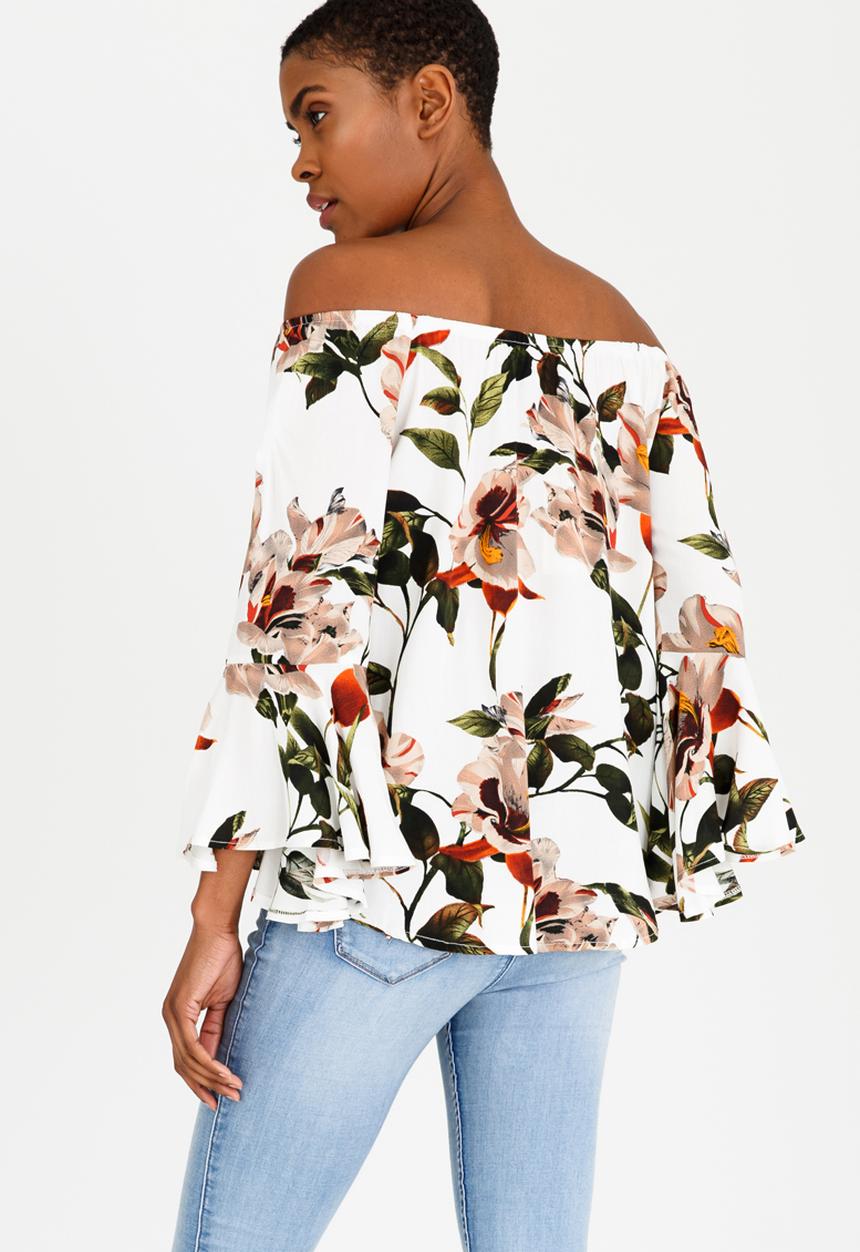 Revenge - Off Shoulder Floral Blouse with Fluted Sleeve White