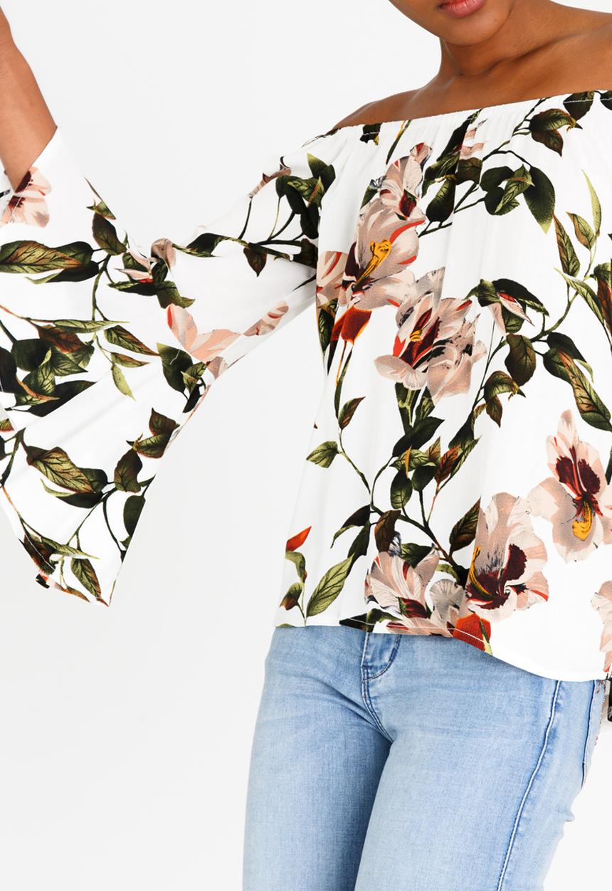 Revenge - Off Shoulder Floral Blouse with Fluted Sleeve White