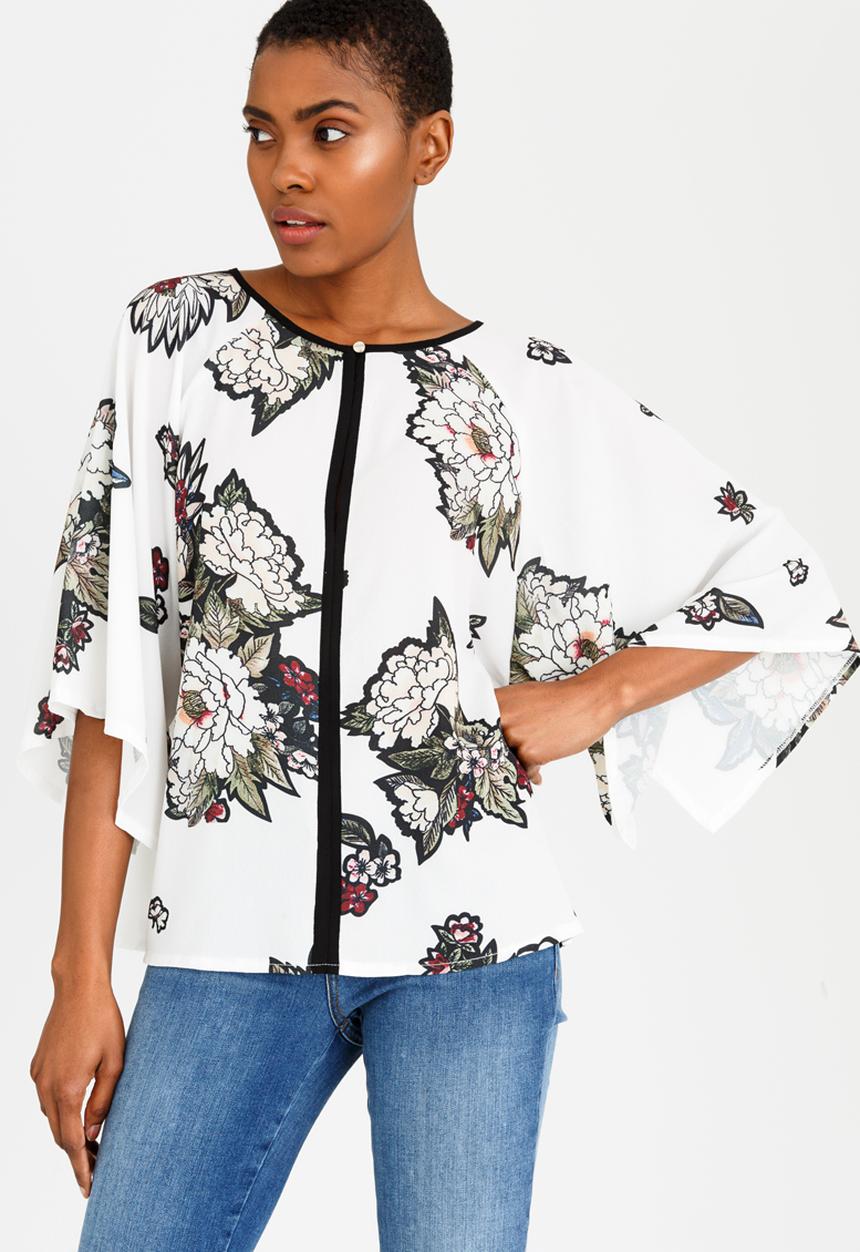 Revenge - Floral Blouse with Piping White