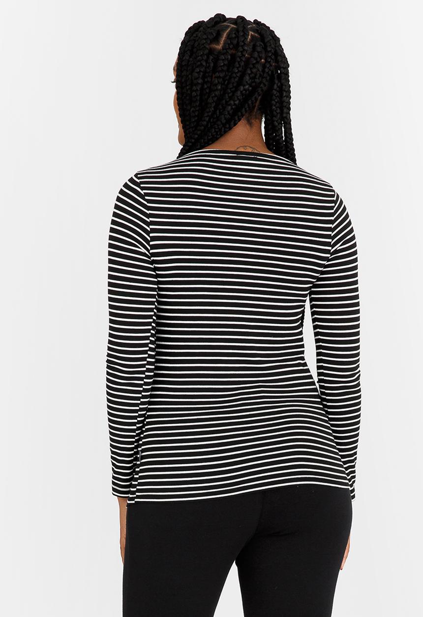 Cherry Melon - Boat-Neck Top with Long Sleeves Black and White
