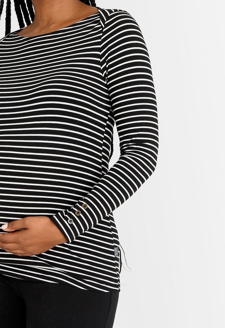 Cherry Melon - Boat-Neck Top with Long Sleeves Black and White