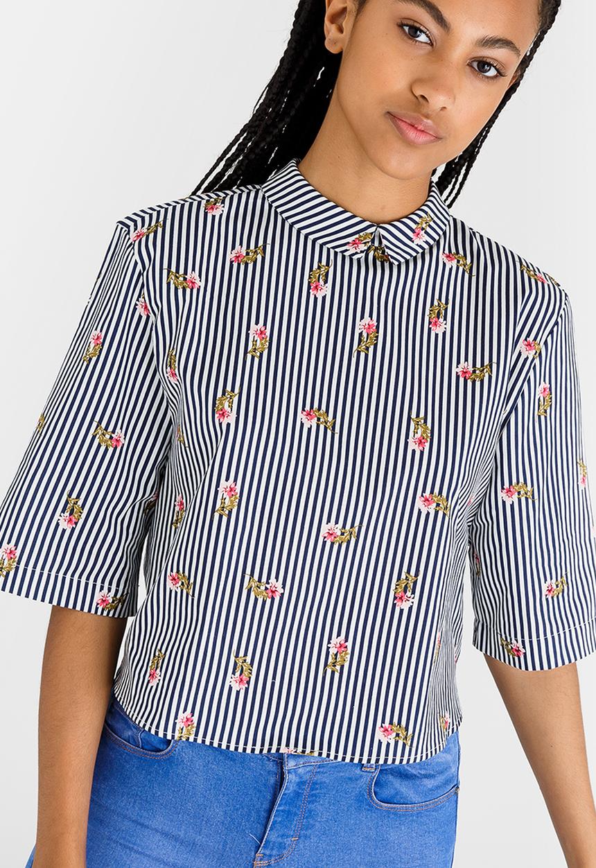 STYLE REPUBLIC - Cropped Shirt Blue and White