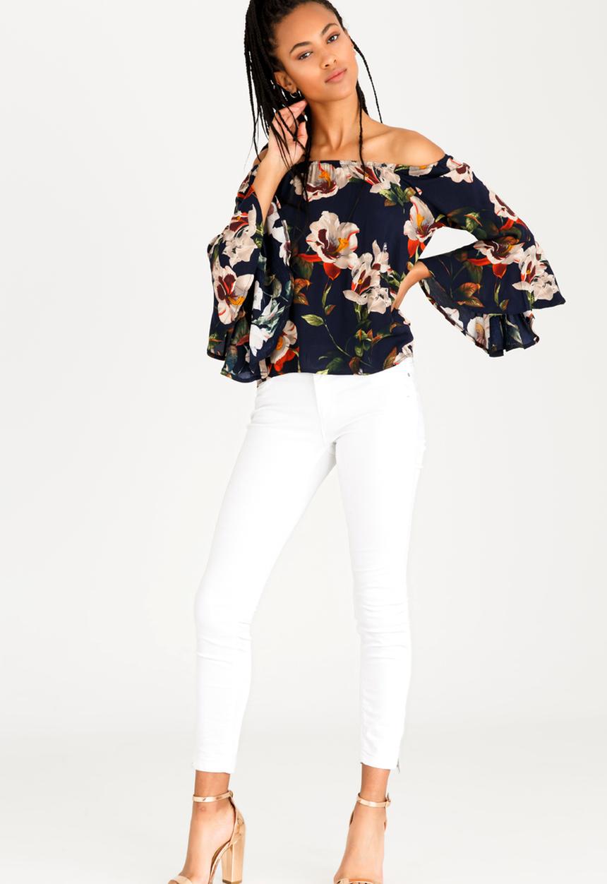 Revenge - Off Shoulder Floral Blouse with Fluted Sleeve Navy