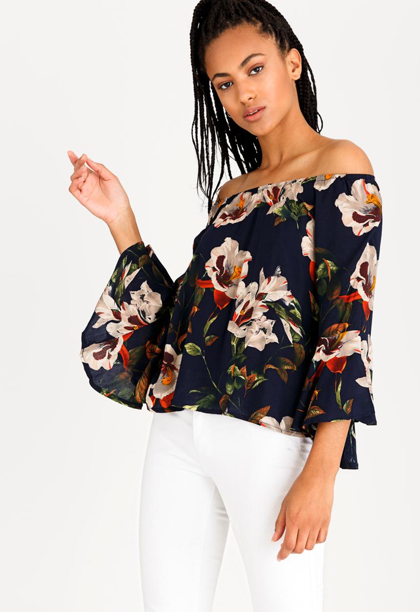 Revenge - Off Shoulder Floral Blouse with Fluted Sleeve Navy