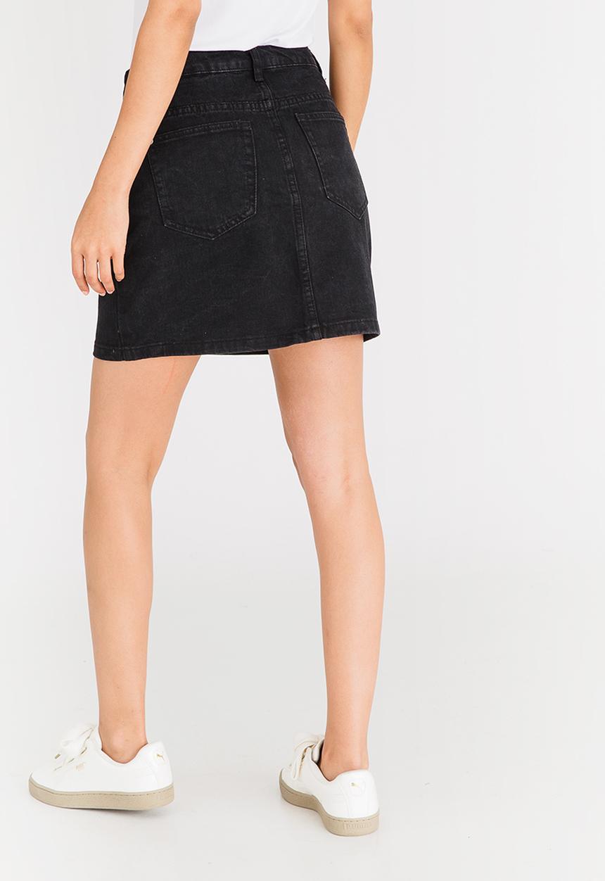 Brave Soul - Embroidered Denim Skirt Black