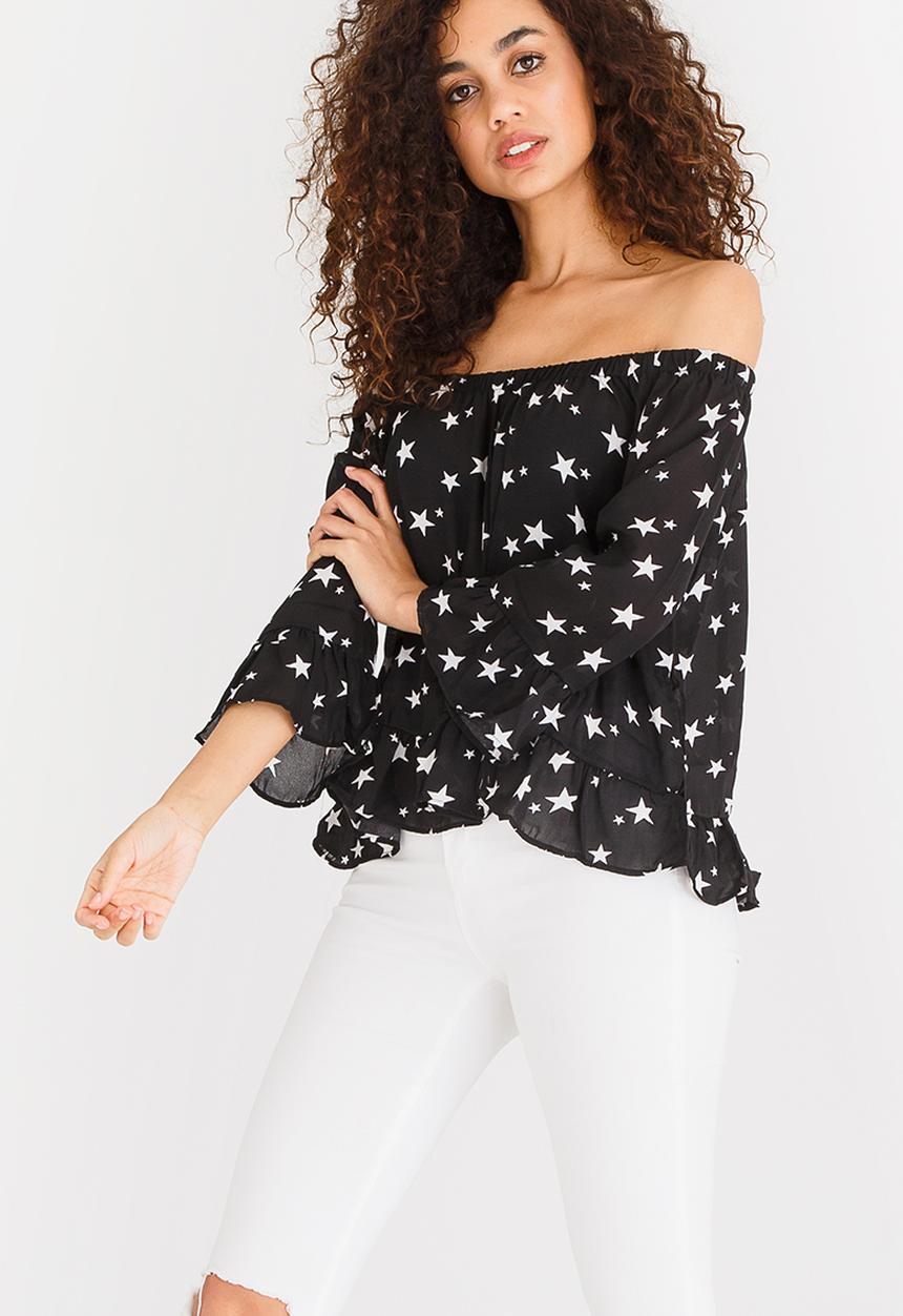 Brave Soul - Star Print Off Shoulder Top Black and White