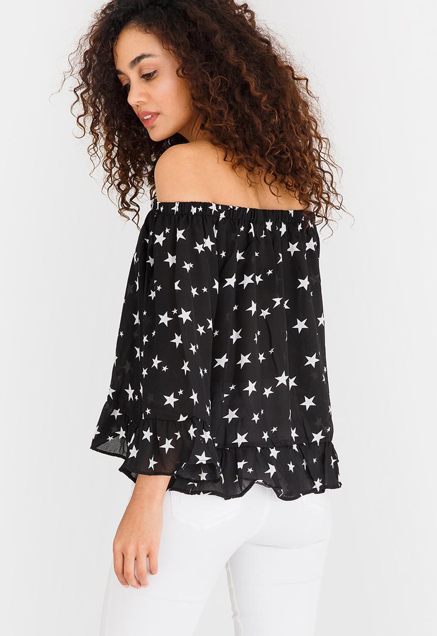 Brave Soul - Star Print Off Shoulder Top Black and White