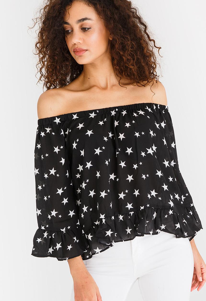 Brave Soul - Star Print Off Shoulder Top Black and White