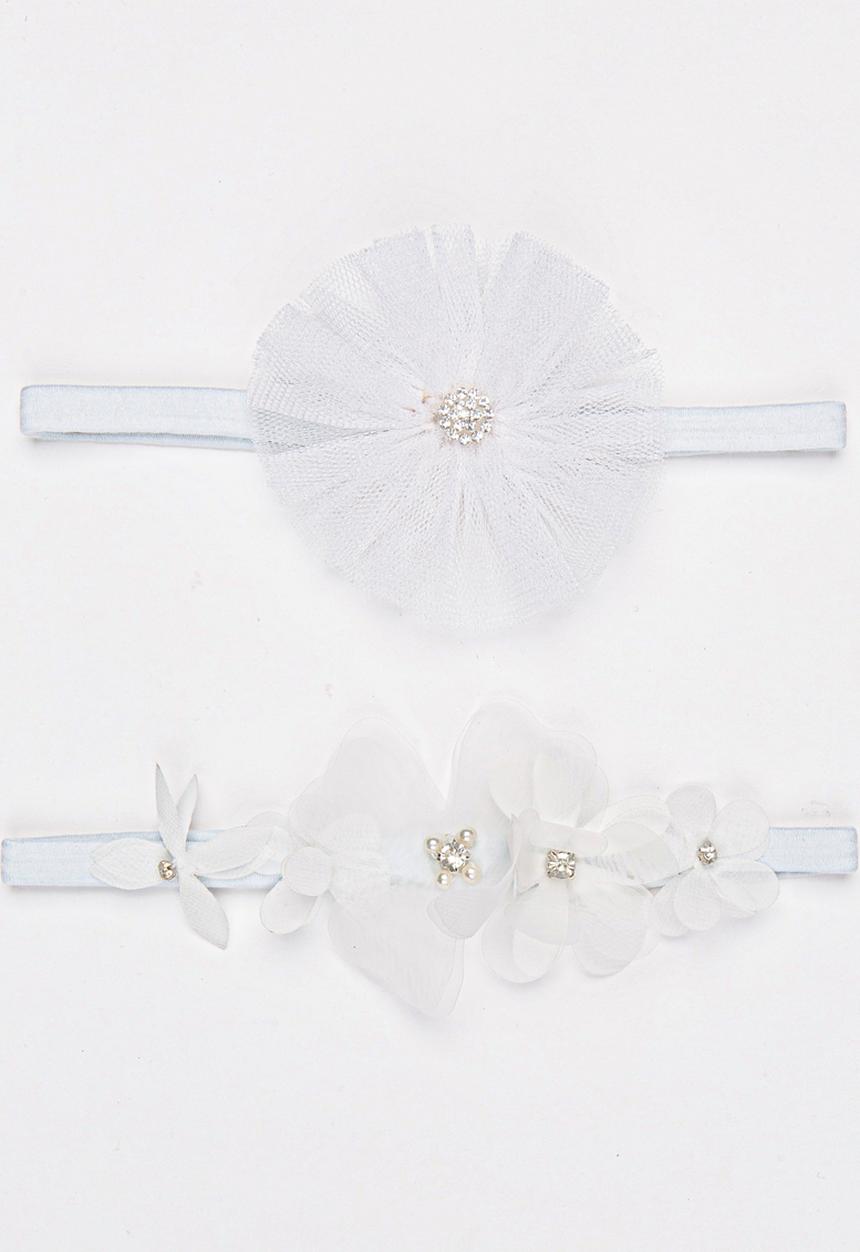 Jewels and Lace - Twin Pack Floral Rhinestone Headbands White