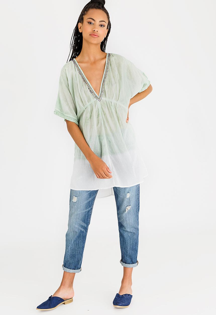 G Couture - Dip-dye Beaded Neckline Tunic Top Green